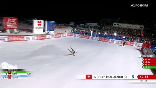 Wendy holdener si ribalta dopo il traguardo e si schianta contro le barriere protettive. rivivi la sua caduta a courchevel