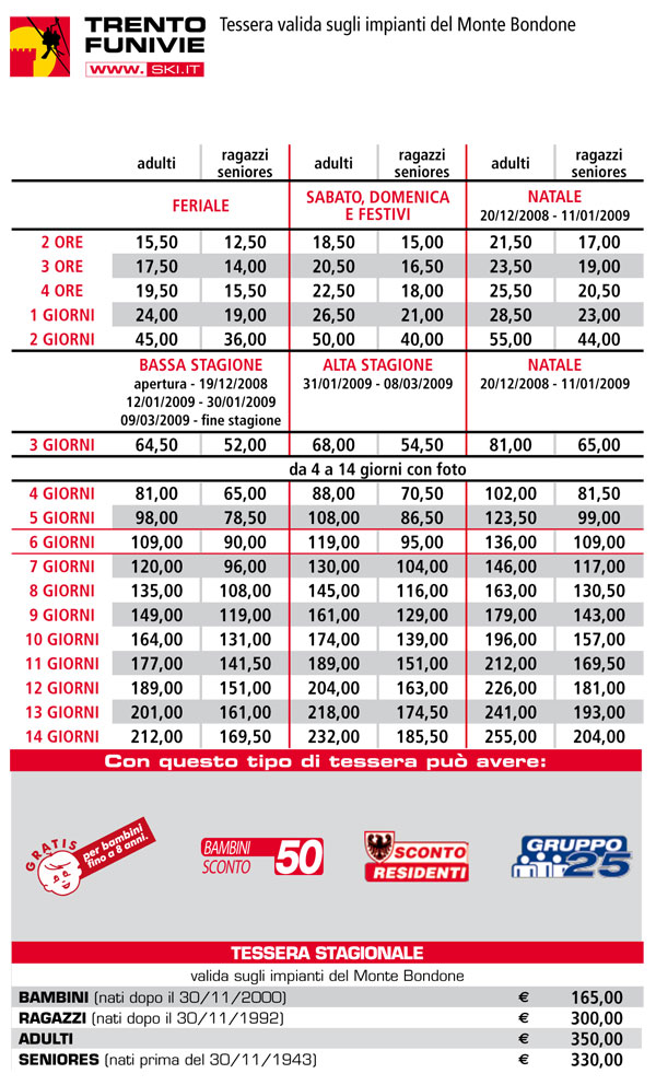 prezzi skipass monte bondone 2008 2009